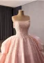 Luxury / Gorgeous Blushing Pink Handmade  Beading Sequins Cascading Ruffles Prom Dresses 2026 Ball Gown Strapless Sleeveless Backless Royal Train Formal Dresses