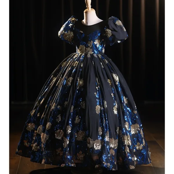Élégant Bleu Marine Paillettes Anniversaire Robe Ceremonie Fille 2025 Robe Boule Encolure Dégagée Gonflée Manches Courtes Dos Nu Longue