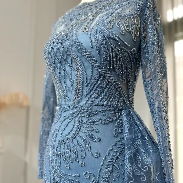 High-end Pool Blue Handmade Beading Lace Flower Prom Dresses 2024 Trumpet / Mermaid Scoop Neck Long Sleeve Floor-Length / Long Prom Formal Dresses