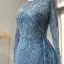 High-end Pool Blue Handmade  Beading Lace Flower Prom Dresses 2024 Trumpet / Mermaid Scoop Neck Long Sleeve Floor-Length / Long Prom Formal Dresses