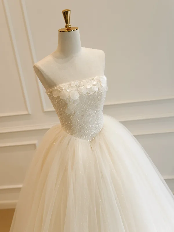 Elegante High End Champagner Handgefertigt Perlenstickerei Perle Pailletten Brautkleider / Hochzeitskleider 2026 Ballkleid Bandeau Ärmellos Rückenfreies Lange