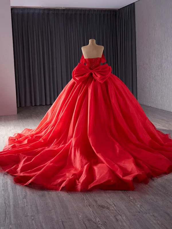 Luxury / Gorgeous Red Handmade  Beading Wedding Dresses 2024 Ball Gown Off-The-Shoulder Sleeveless Backless Bow Chapel Train Wedding