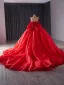 Luxury / Gorgeous Red Handmade  Beading Wedding Dresses 2024 Ball Gown Off-The-Shoulder Sleeveless Backless Bow Chapel Train Wedding
