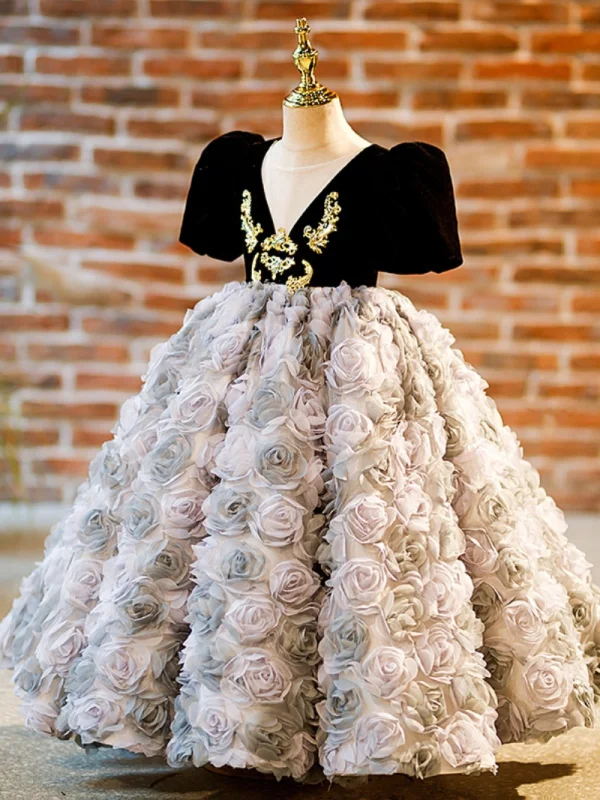 Fashion Black Appliques Birthday Flower Girl Dresses 2024 Ball Gown Scoop Neck Puffy Short Sleeve Floor-Length / Long