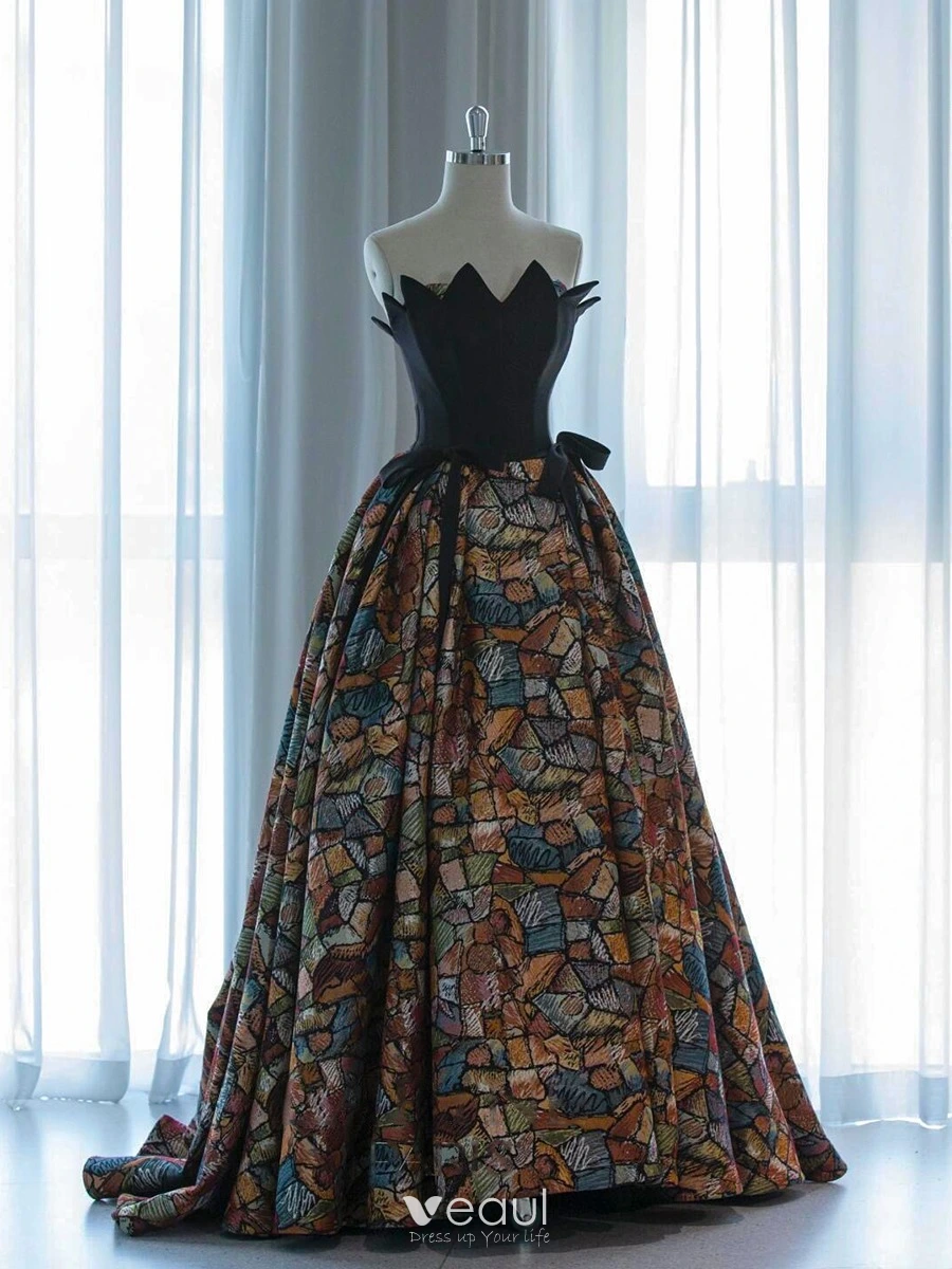 Vintage Retro Multi Colors Ink Painting Black Prom Dresses 2024 Ball Gown Strapless Sleeveless Backless Floor Length Long Prom Formal Dresses Vintage Retro Multi Colors Ink Painting Black Prom Dresses 2024 Ball Gown Strapless Sleeveless Backless Floor Length Long Prom Formal Dresses