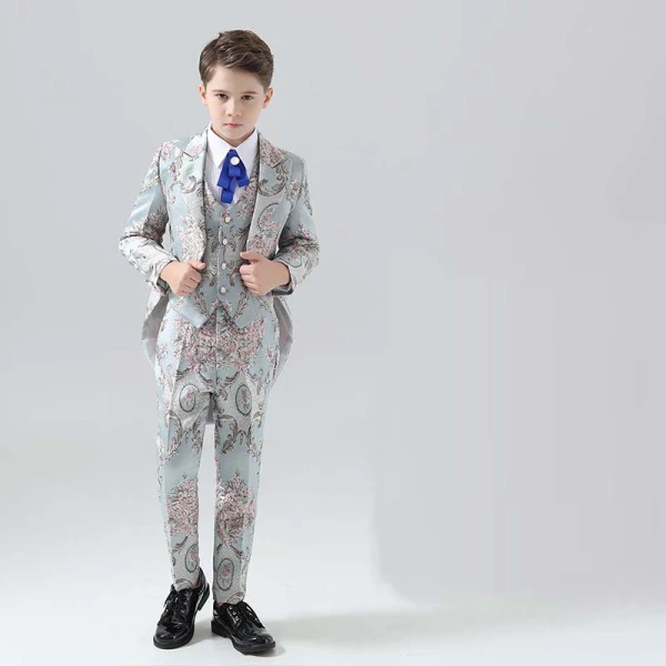 Fashion Yellow Printing 5-piece Long Sleeve Boys Wedding Suits 2024 Coat Pants Shirt Tie Vest