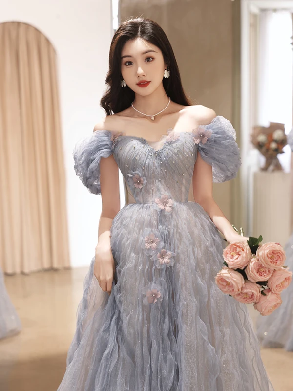 Chic / Beautiful Sky Blue Glitter Beading Appliques Prom Dresses 2023 A-Line / Princess Off-The-Shoulder Short Sleeve Backless Floor-Length / Long Prom Formal Dresses