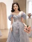 Chic / Beautiful Sky Blue Glitter Beading Appliques Prom Dresses 2023 A-Line / Princess Off-The-Shoulder Short Sleeve Backless Floor-Length / Long Prom Formal Dresses
