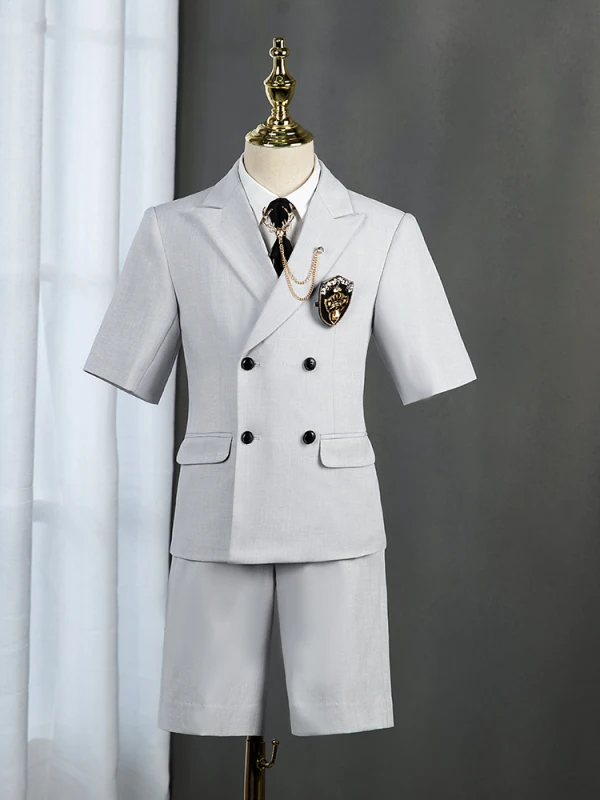 Summer 5-piece Grey Short Sleeve Boys Wedding Suits 2022 Coat Pants Shirt Tie Vest