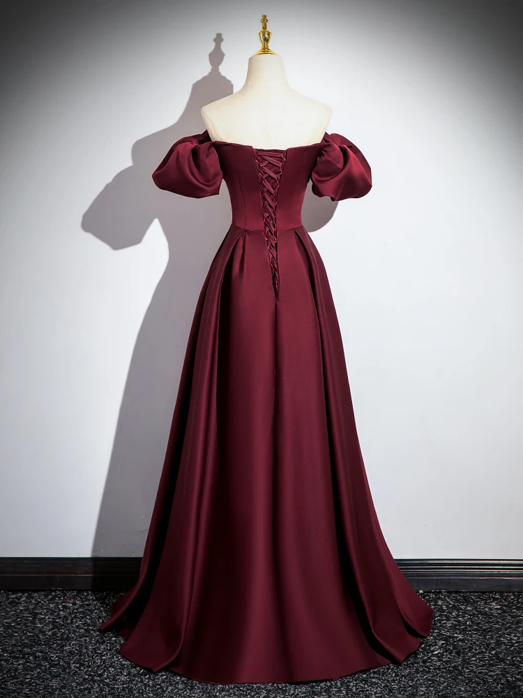 Solid Color Burgundy Satin Prom Dresses 2024 A-Line Princess Off-The-Shoulder Crossed