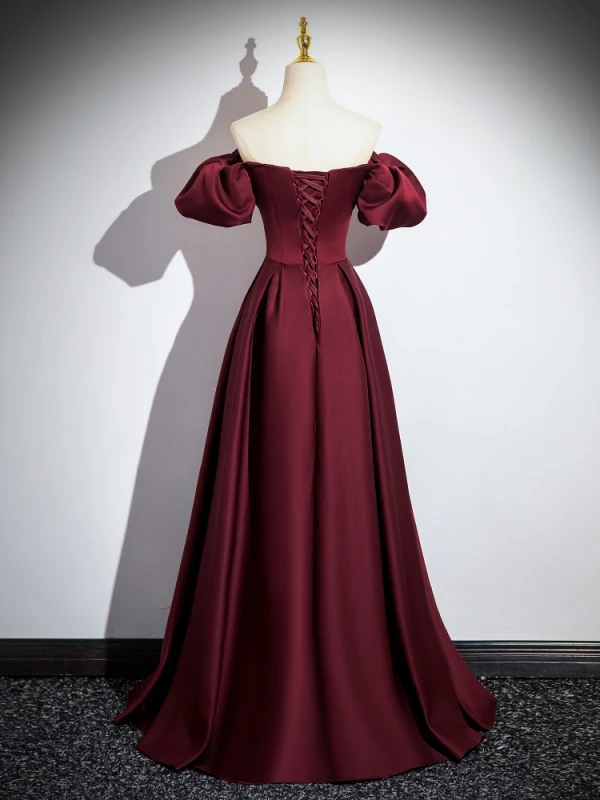 Solid Color Burgundy Satin Prom Dresses 2024 A-Line / Princess Off-The-Shoulder Crossed Straps Bridesmaid Short Sleeve Minimalist Formal Dresses