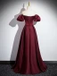 Solid Color Burgundy Satin Prom Dresses 2024 A-Line / Princess Off-The-Shoulder Crossed Straps Bridesmaid Short Sleeve Minimalist Formal Dresses
