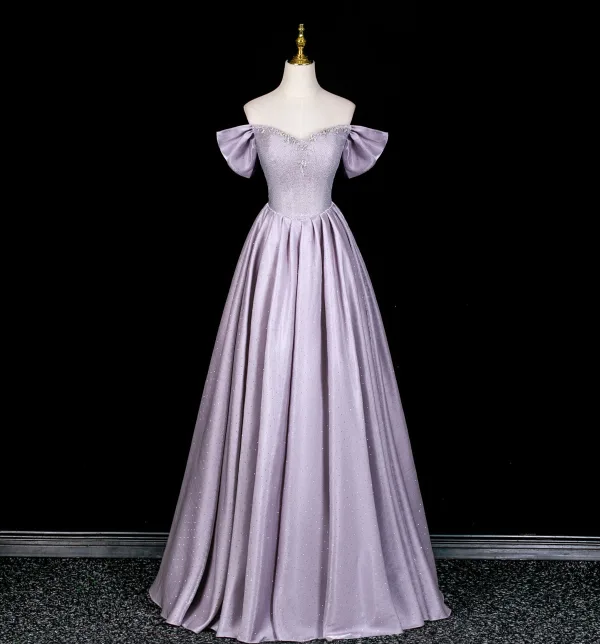 Lovely Lavender Rhinestone Prom Dresses 2026 A-Line / Princess Off-The-Shoulder Short Sleeve Backless Floor-Length / Long Formal Dresses