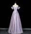 Lovely Lavender Rhinestone Prom Dresses 2026 A-Line / Princess Off-The-Shoulder Short Sleeve Backless Floor-Length / Long Formal Dresses