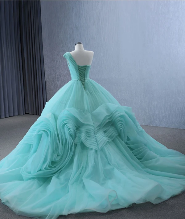 High-end Mint Green Cascading Ruffles Prom Dresses 2024 Ball Gown One-Shoulder Sleeveless Backless Court Train Prom Formal Dresses