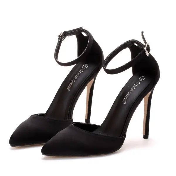 Sexy Noire Soirée Satin Sandales Femme 2023 Été Bride Cheville 11 cm Talons Aiguilles À Bout Pointu Sandales Talons Hauts