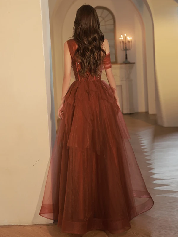 Chic / Beautiful Burgundy Beading Evening Dresses 2023 A-Line / Princess One-Shoulder Sleeveless Backless Floor-Length / Long Evening Party Formal Dresses