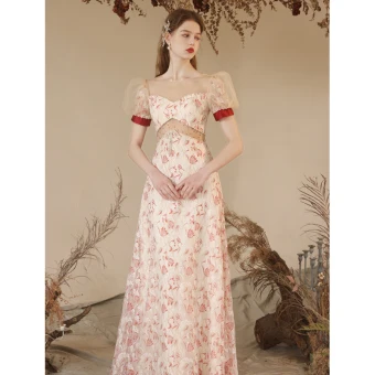 Mode Rouge Perle Noeud Paillettes Robe De Soirée 2023 Princesse Encolure Dégagée Gonflée Manches Courtes Dos Nu Longue Soirée Robe De Ceremonie