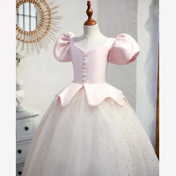 Charmant Rougissant Rose Paillettes Anniversaire Robe Ceremonie Fille 2022 Robe Boule Encolure Carrée Gonflée Manches Courtes Dos Nu Perle Faux Diamant Longue Robe Ceremonie Fille