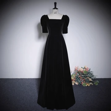 Élégant Noire Velours Robe De Bal 2023 Princesse Encolure Carrée Perle Manches Courtes Dos Nu Robe De Ceremonie Promo Longue