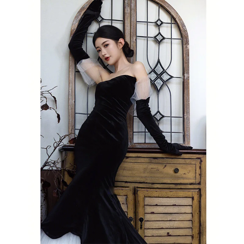 open lace back dress Velvet Tea Length Formal Dress, Velvet Wedding Party Dresses – jkprom