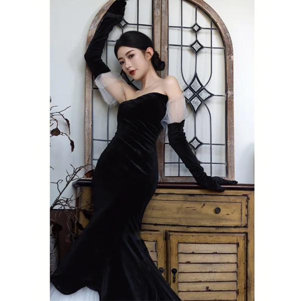Sexy Black Velvet Evening Dresses 2023 Trumpet / Mermaid Strapless Short  Sleeve Backless Sweep Train Evening Party