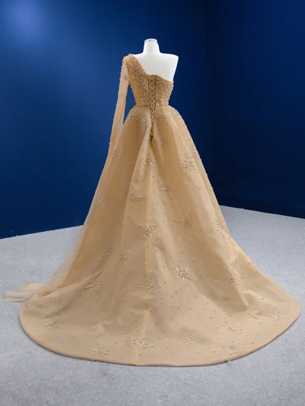 Sexy High-end Champagne Split Front Evening Dresses 2022 A-Line / Princess One-Shoulder Pearl Sequins Long Sleeve Backless Court Train Evening Party Formal Dresses