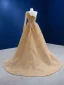 Sexy High-end Champagne Split Front Evening Dresses 2022 A-Line / Princess One-Shoulder Pearl Sequins Long Sleeve Backless Court Train Evening Party Formal Dresses