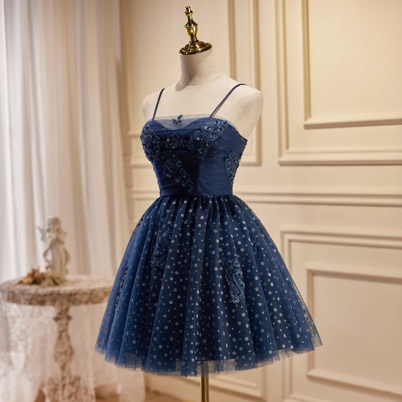 Charming Navy Blue Spotted Short Party Dresses 2023 Spaghetti Straps ...