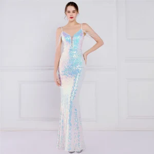 Sparkly White Laser Sequins Evening Dresses 2022 Trumpet Mermaid Spaghetti Straps Sleeveless Backless Beading Floor Length Long Evening Party Formal Dresses