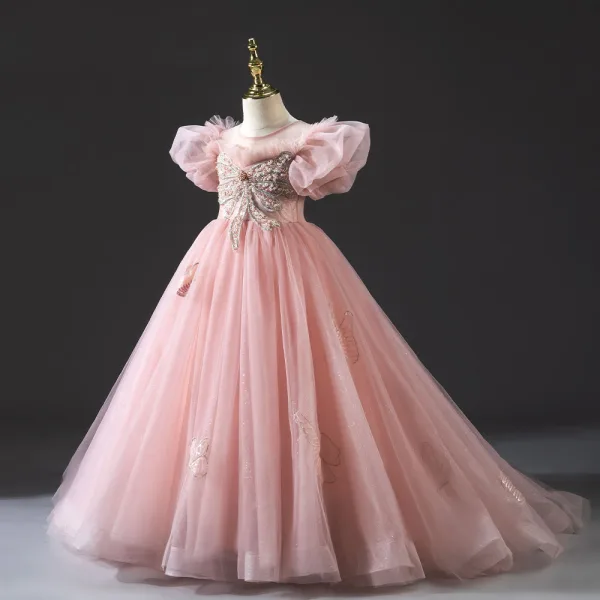 Chic / Beautiful Blushing Pink Beading Pearl Rhinestone Prom Flower Girl Dresses 2022 Ball Gown Ruffle Scoop Neck Puffy Short Sleeve Floor-Length / Long Flower Girl Dresses
