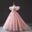 Chic / Beautiful Blushing Pink Beading Pearl Rhinestone Prom Flower Girl Dresses 2022 Ball Gown Ruffle Scoop Neck Puffy Short Sleeve Floor-Length / Long Flower Girl Dresses