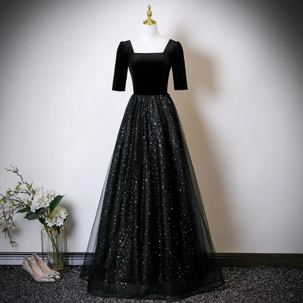 Vintage / Retro Navy Blue Star Sequins Mother Of The Bride Dresses 2025 A-Line / Princess Square Neckline Short Sleeve Backless Floor-Length / Long