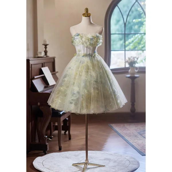 Flower Fairy Sage Green Appliques Homecoming Short Graduation Dresses 2024 Ball Gown Strapless Sleeveless Backless Tulle