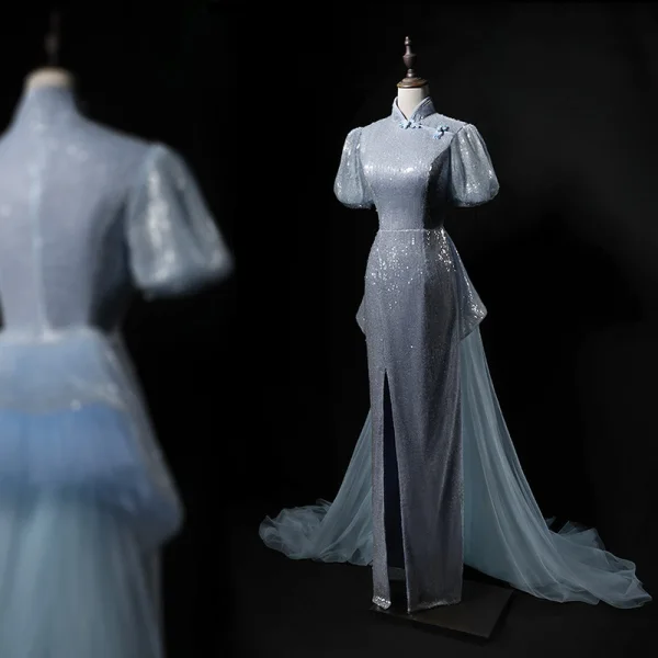 Scintillantes Bleu Ciel Fendue devant Paillettes Robe De Soirée 2024 Trompette / Sirène Col Haut Manches Courtes Longue Soirée Robe De Ceremonie