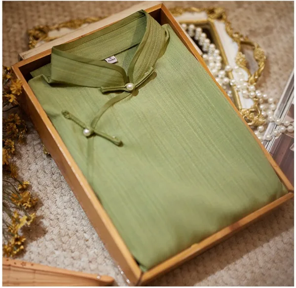 Chinese style Sage Green Tea-length Cheongsam / Qipao 2024 Trumpet / Mermaid High Neck 1/2 Sleeves Prom