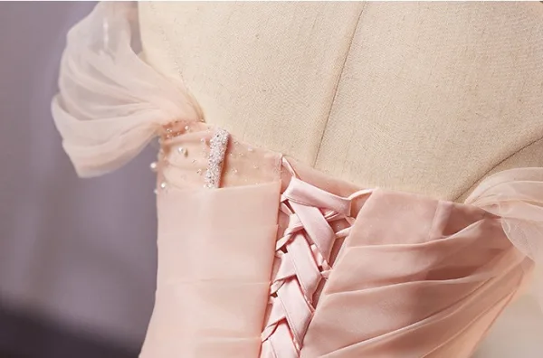 Chic / Beautiful Blushing Pink Pearl Appliques Short Homecoming Graduation Dresses 2026 Ball Gown Off-The-Shoulder Short Sleeve Backless Formal Dresses