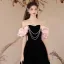 Chic / Beautiful Black Pearl Velvet Prom Dresses 2024 A-Line / Princess Off-The-Shoulder Ruffle Short Sleeve Backless Floor-Length / Long Prom Formal Dresses