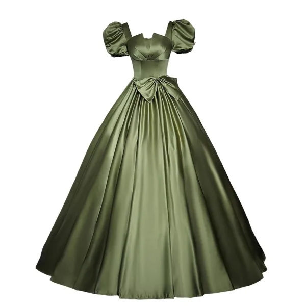 Vintage / Retro Clover Green Satin Prom Dresses 2023 Ball Gown Square Neckline Bow Short Sleeve Backless Floor-Length / Long Prom Formal Dresses