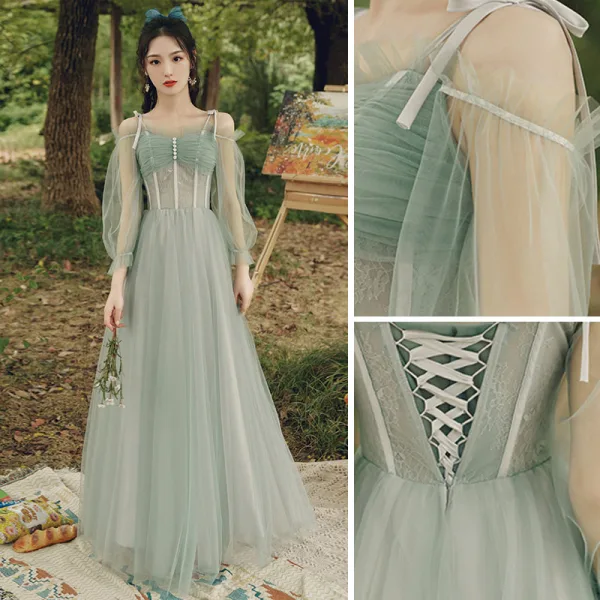 Modest / Simple Sage Green Lace Bridesmaid Dresses 2022 A-Line / Princess Short Sleeve Backless Floor-Length / Long Bridesmaid