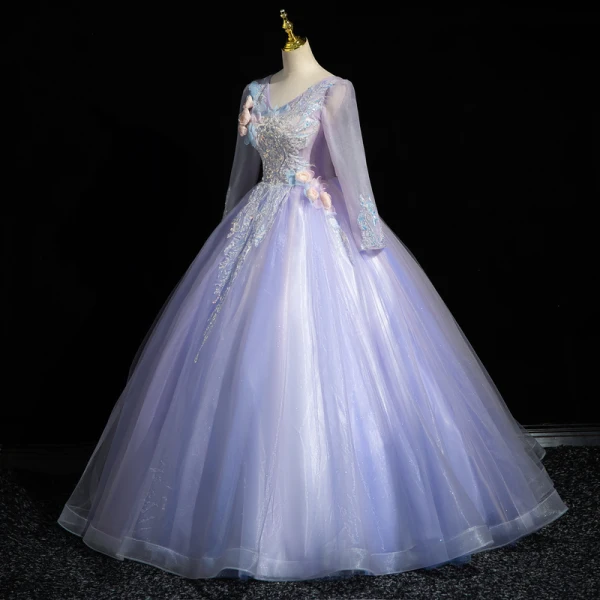 Chic / Beautiful Lavender Beading Sequins Appliques Prom Dresses 2023 Ball Gown V-Neck Long Sleeve Backless Floor-Length / Long Prom Formal Dresses
