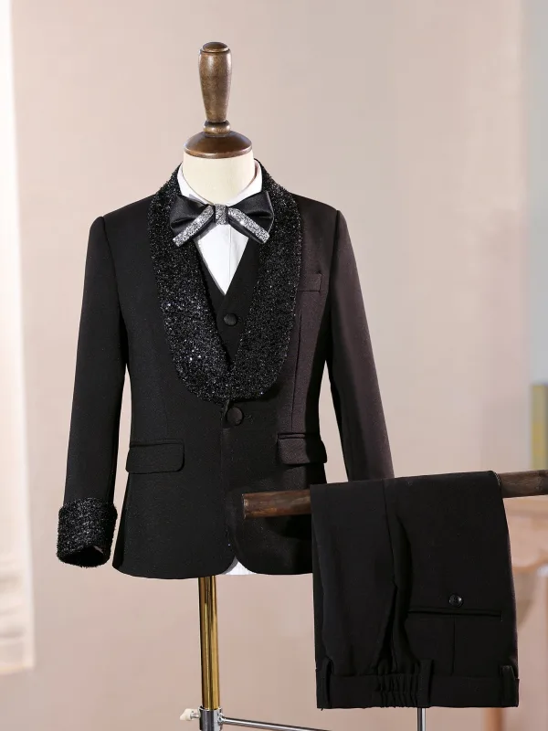 Black Sequins 5-piece Long Sleeve Boys Wedding Suits Boys Wedding Suits 2025 Coat Pants Shirt Tie Vest