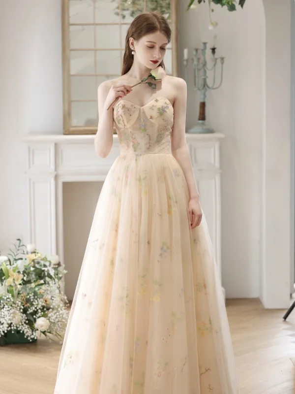 Elegante Champagner Blumen Ballkleider 2023 A Linie Spaghettiträger Ärmellos Rückenfreies Lange Ball Festliche Kleider