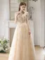 Elegante Champagner Blumen Ballkleider 2023 A Linie Spaghettiträger Ärmellos Rückenfreies Lange Ball Festliche Kleider