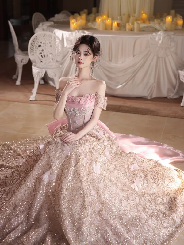 High End Glitzernden Rosa Strass Pailletten Schmetterling Ballkleider 2026 A Linie Off Shoulder Ärmellos Rückenfreies Schleife Lange Festliche Kleider