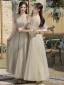 Modest / Simple Sage Green Bridesmaid Dresses 2022 A-Line / Princess Short Sleeve Backless Bow Sash Floor-Length / Long Wedding Party Dresses