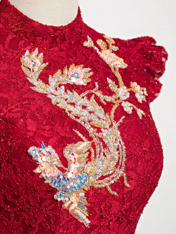 Chinese style Burgundy Beading Sequins Lace Embroidered Cheongsam 2024 A-Line / Princess High Neck Cap Sleeves Floor-Length / Long Prom