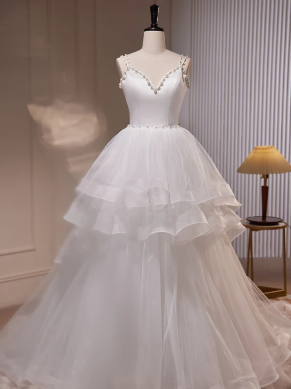 Mode Blanche Volants en Cascade Robe De Mariée 2023 Robe Boule Bretelles Spaghetti Perle Sans Manches Dos Nu Train De Balayage Mariage