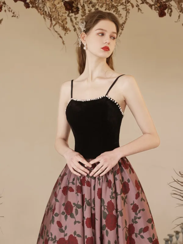Chic / Beautiful Black Summer Rose Printing Evening Dresses 2023 A-Line / Princess Pearl Spaghetti Straps Sleeveless Backless Floor-Length / Long Evening Party Formal Dresses