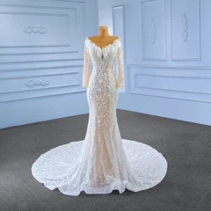 High End White Pearl Sequins Beading Wedding Dresses 2023 Trumpet Mermaid Scoop Neck Long Sleeve Chapel Train Wedding